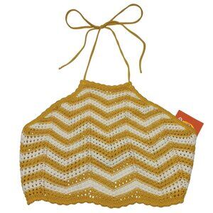 LUSH Crochet Halter Crop Top Chevron Striped Mustard White Size MEDIUM New